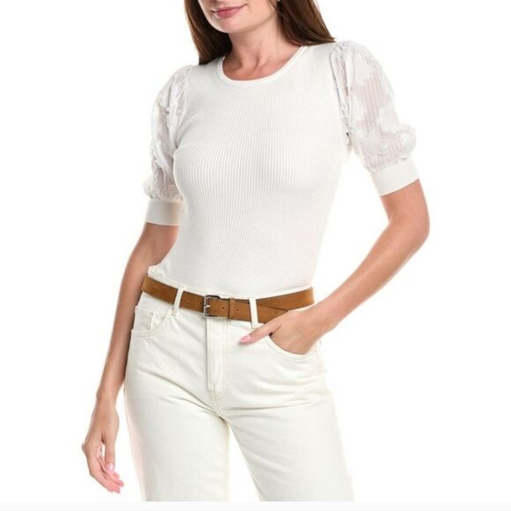 T Tahari White/ Light Cream Top with Sheer Puff Sleeves.